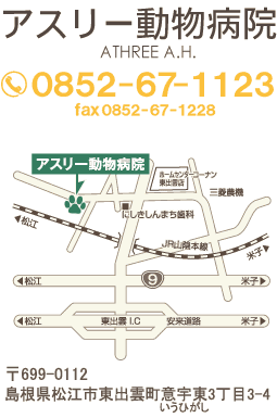 アスリー動物病院　〒699-0112 島根県松江市東出雲町意宇東3丁目3-4　TEL/0852-67-1123　FAX/0857-67-1228